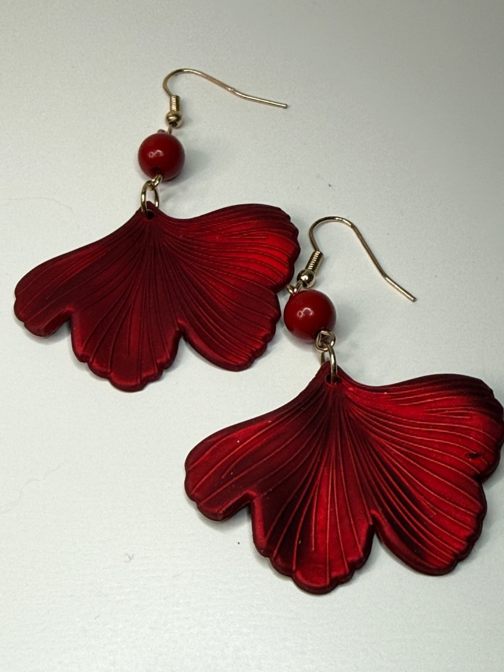 Glossy red Ginkgo Leaf Drop pierced dangle Earrings butterfly wing effect artsy